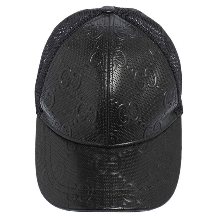 Pre Owned Gucci Black GG Embossed Leather Baseball Hat S