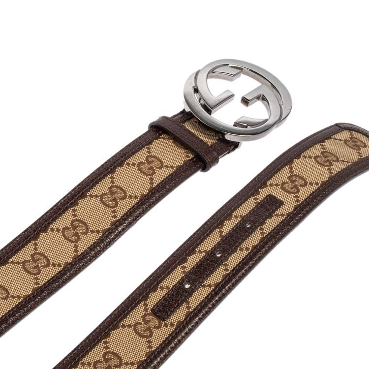 Pre Owned Gucci Beige/Ebony GG Canvas and Leather Interlocking G Buckle Belt 95 CM