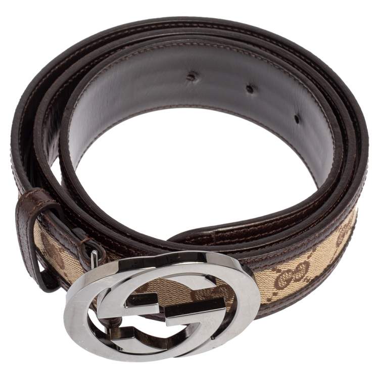 Pre Owned Gucci Beige/Ebony GG Canvas and Leather Interlocking G Buckle Belt 95 CM