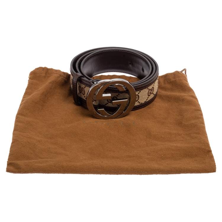 Pre Owned Gucci Beige/Ebony GG Canvas and Leather Interlocking G Buckle Belt 95 CM