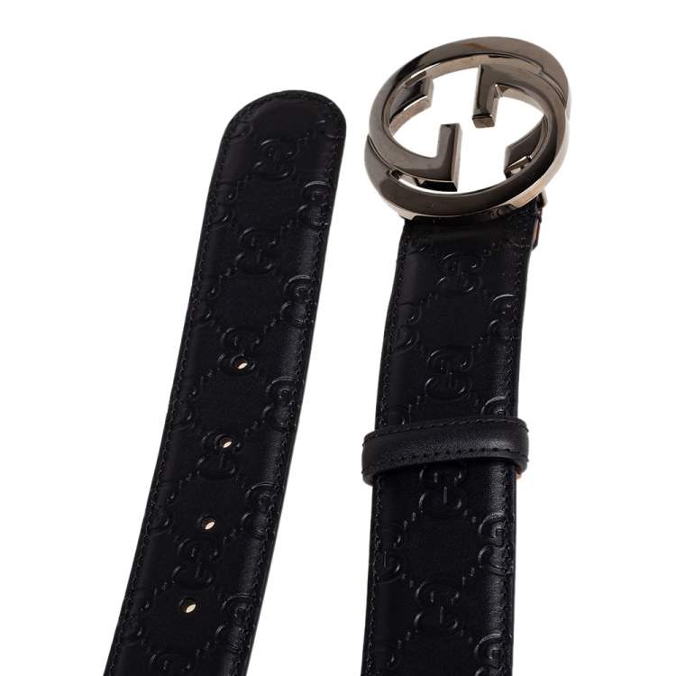 Pre Owned Gucci Black Guccissima Leather Interlocking G Buckle Belt 100CM