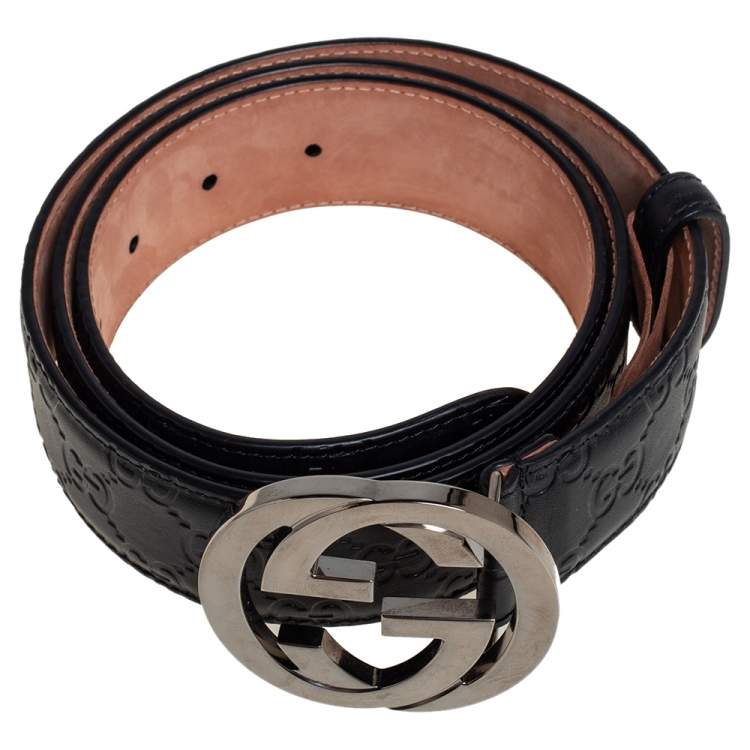 Pre Owned Gucci Black Guccissima Leather Interlocking G Buckle Belt 100CM