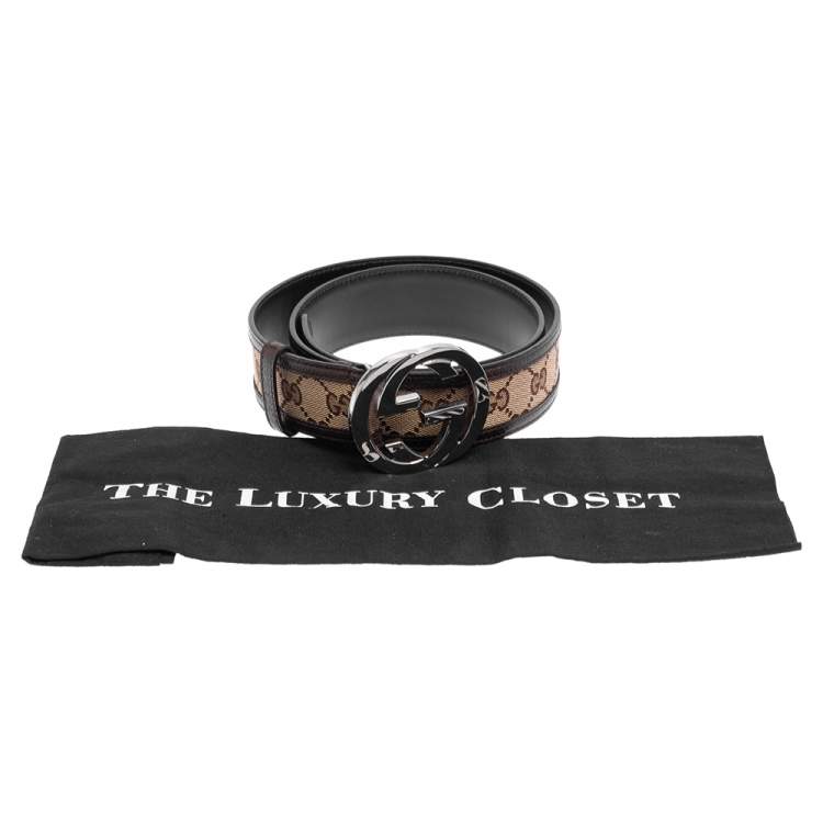 Pre Owned Gucci Brown/Beige GG Canvas and Leather Interlocking G Buckle Belt 85CM