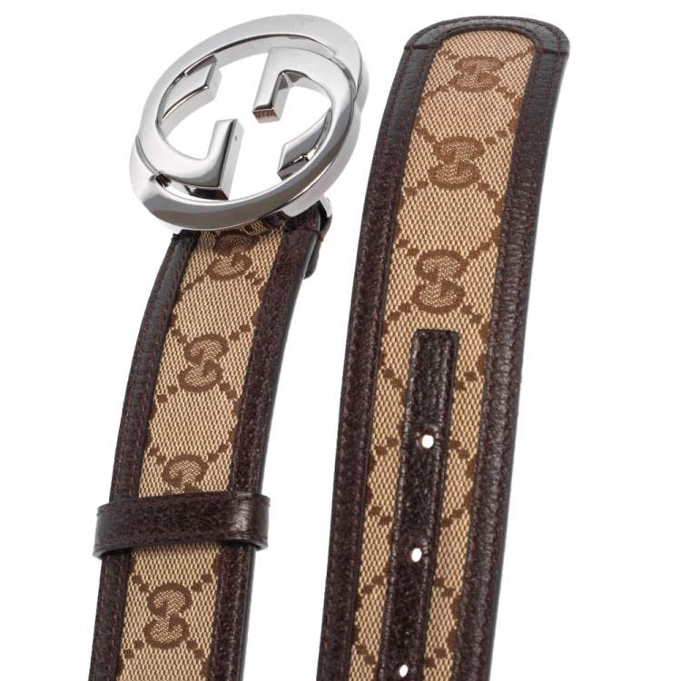 Pre Owned Gucci Brown/Beige GG Canvas and Leather Interlocking G Buckle Belt 85CM