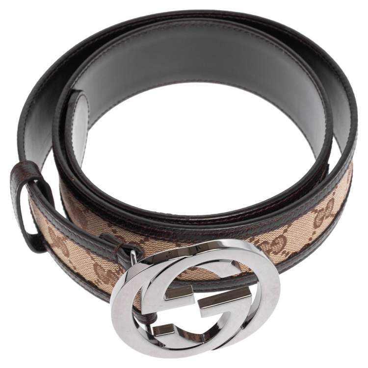 Pre Owned Gucci Brown/Beige GG Canvas and Leather Interlocking G Buckle Belt 85CM