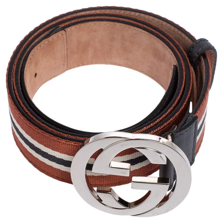 Pre Owned Gucci Black Web Canvas and Leather Interlocking G Belt 95CM