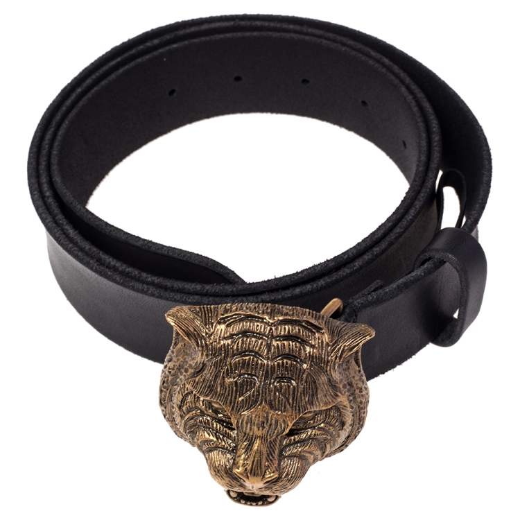 Pre Owned Gucci Black Leather Feline Buckle Belt Size 100CM