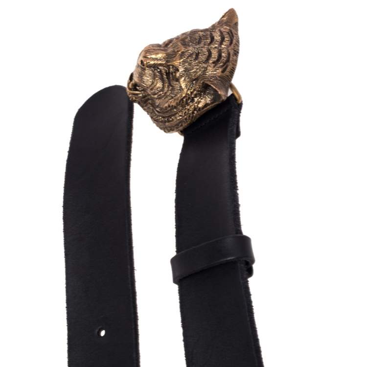 Pre Owned Gucci Black Leather Feline Buckle Belt Size 100CM