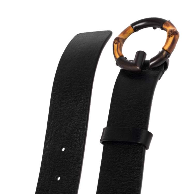 Pre Owned Gucci Black Leather G Bamboo Buckle Belt 85 CM