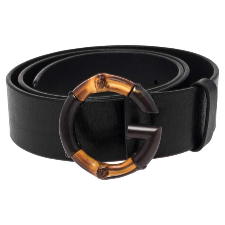 Pre Owned Gucci Black Leather G Bamboo Buckle Belt 85 CM
