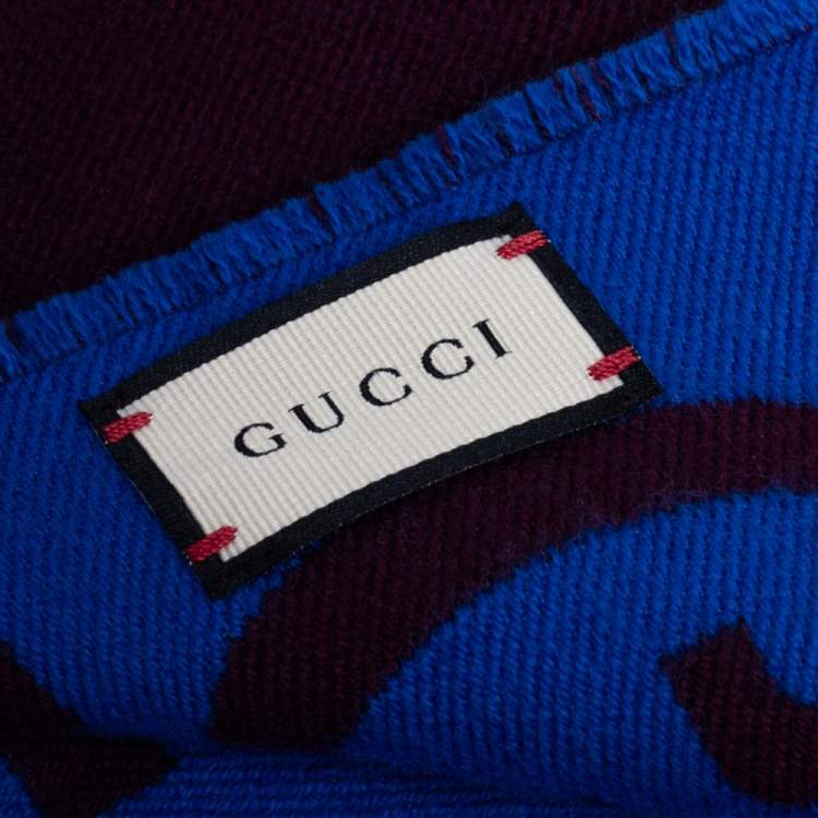 Pre Owned Gucci Brown & Blue Monogram Jacquard Wool Stole