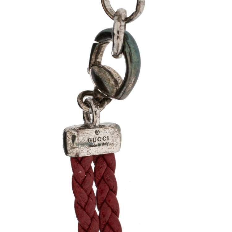 Pre Owned Gucci Red Braided Leather Horsebit Bracelet 17