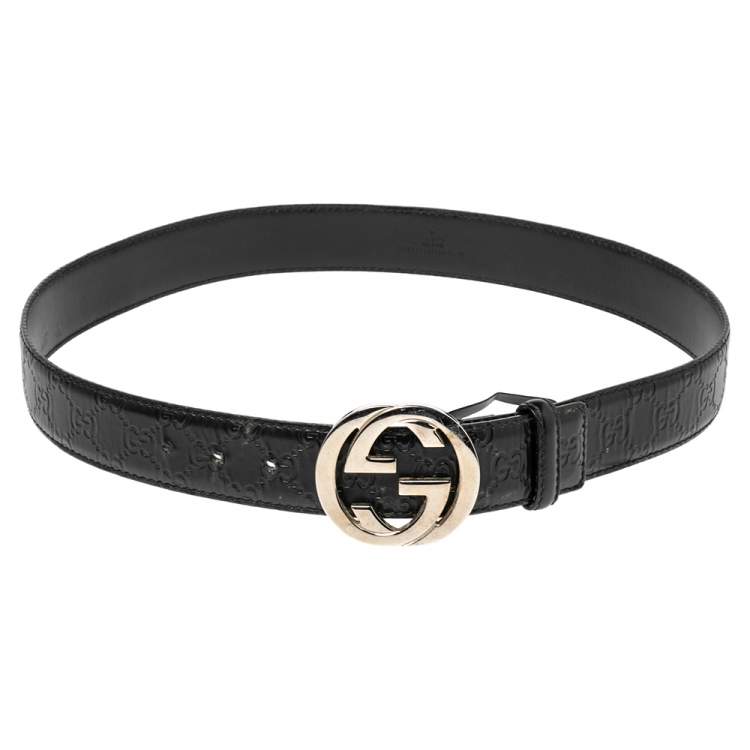 Pre Owned Gucci Black Guccissima Leather Interlocking G Buckle Belt 95CM