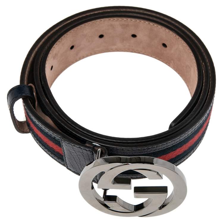 مملوكة مسبقًا Gucci Navy Blue Web Canvas and Leather Interlocking GG Buckle Belt 95CM
