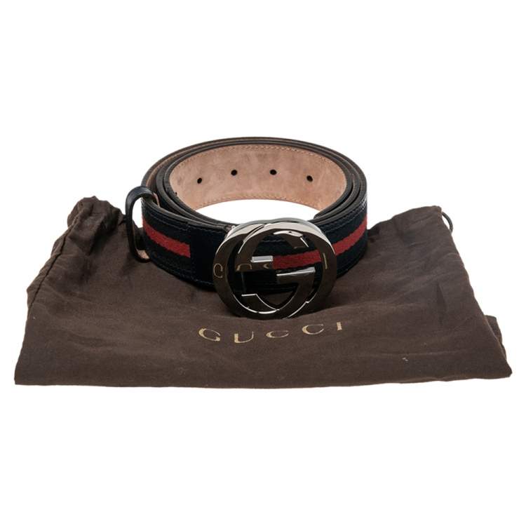 مملوكة مسبقًا Gucci Navy Blue Web Canvas and Leather Interlocking GG Buckle Belt 95CM