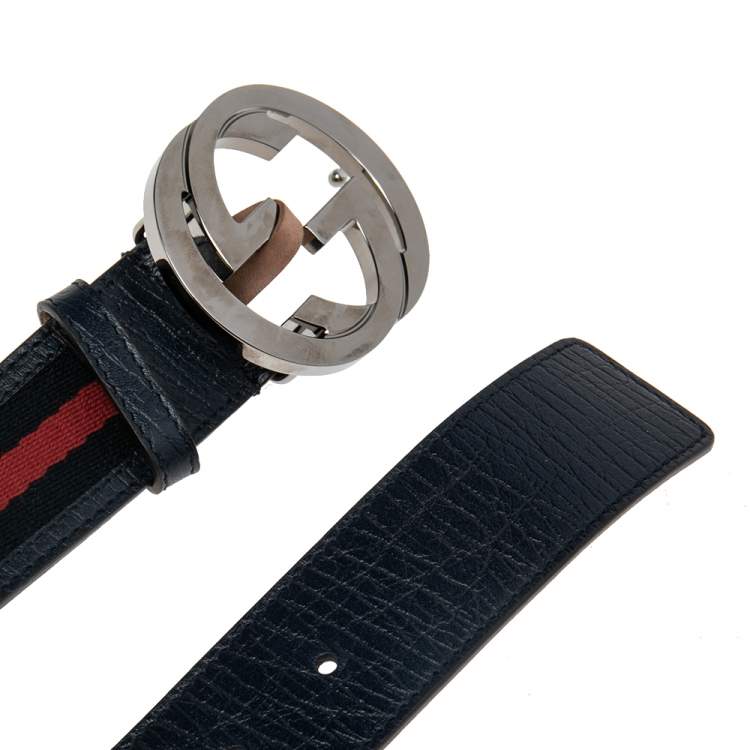 مملوكة مسبقًا Gucci Navy Blue Web Canvas and Leather Interlocking GG Buckle Belt 95CM