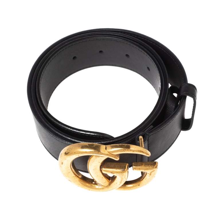 Pre Owned Gucci Black Leather GG Marmont Buckle Belt 90CM