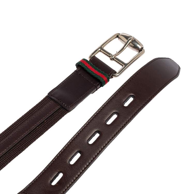 Pre Owned Gucci Brown Canvas and Leather Buckle Belt 105CM