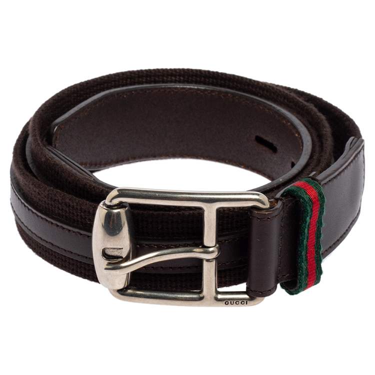 Pre Owned Gucci Brown Canvas and Leather Buckle Belt 105CM