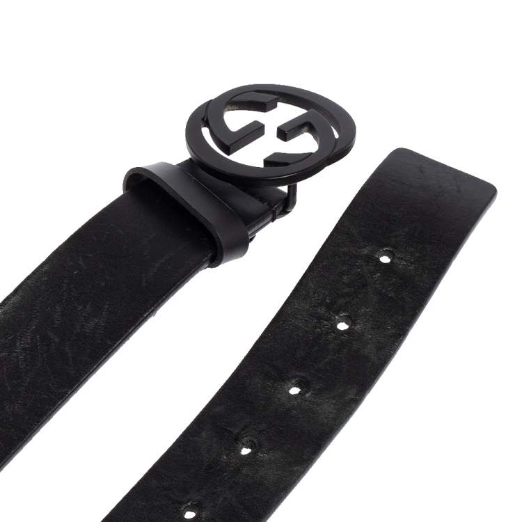 Pre Owned Gucci Black Leather Interlocking G Buckle Slim Belt 110CM