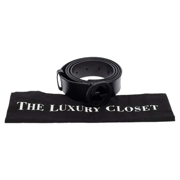 Pre Owned Gucci Black Leather Interlocking G Buckle Slim Belt 110CM
