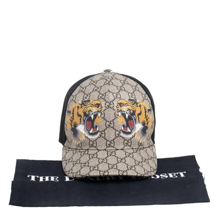 Pre Owned  Gucci Beige GG Supreme Tiger Print Synthetic Baseball Cap XL