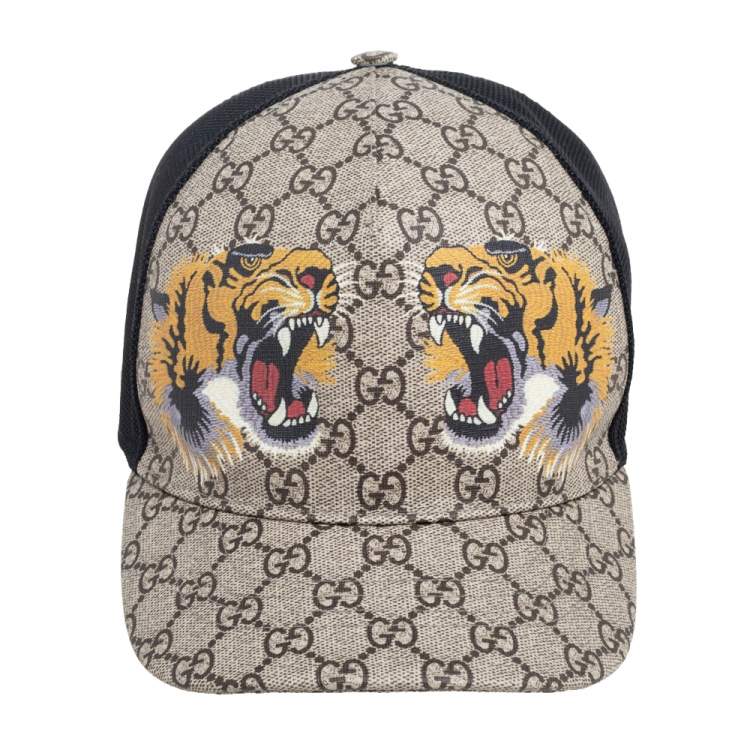 Pre Owned  Gucci Beige GG Supreme Tiger Print Synthetic Baseball Cap XL
