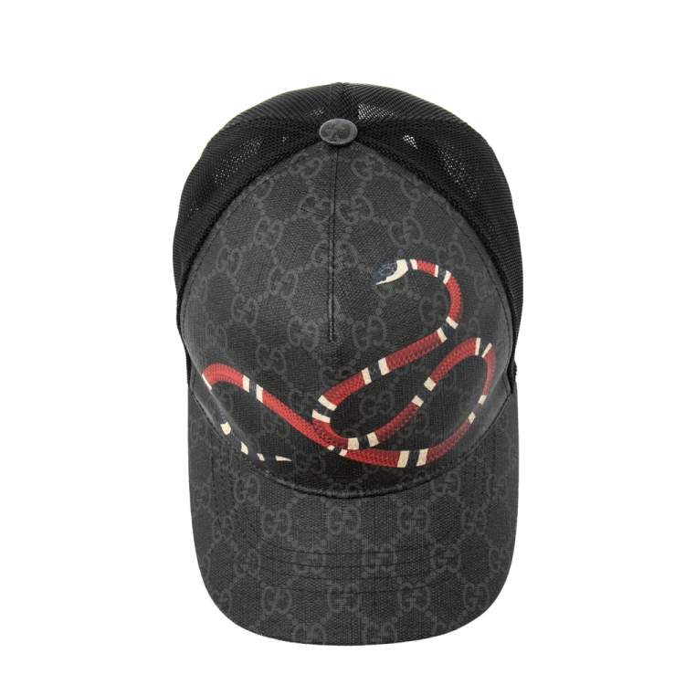 Pre Owned Gucci Black Kingsnake Print GG Supreme Leather Baseball Cap (58)