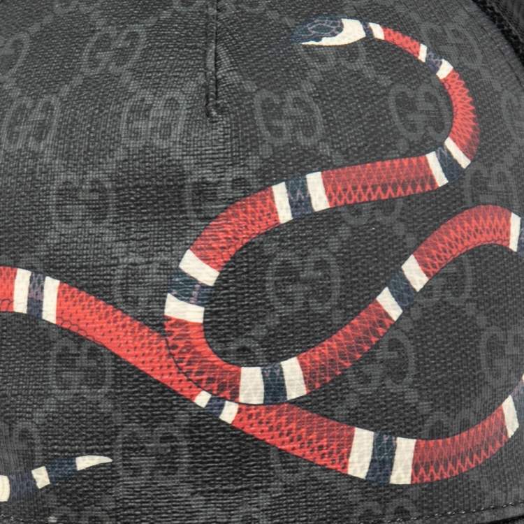 Pre Owned Gucci Black Kingsnake Print GG Supreme Leather Baseball Cap (58)
