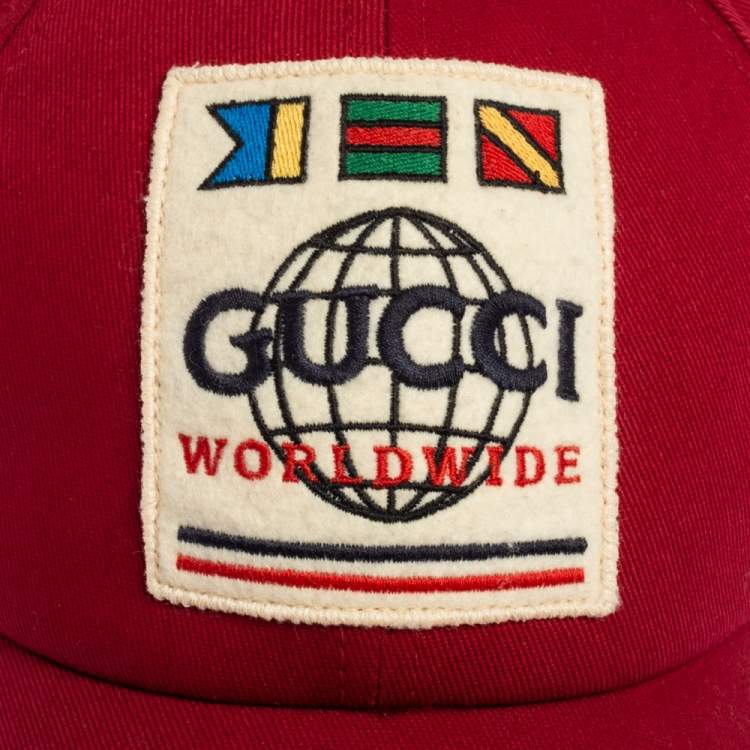 Pre Owned Gucci Red World Wide Applique Cotton Baseball Cap (60)