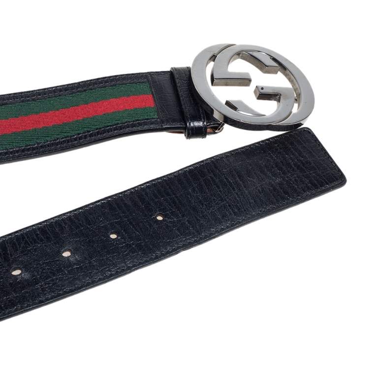 مملوكة مسبقًا Gucci Black Leather And Web Canvas Interlocking G Buckle Belt 90CM