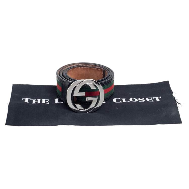 مملوكة مسبقًا Gucci Black Leather And Web Canvas Interlocking G Buckle Belt 90CM