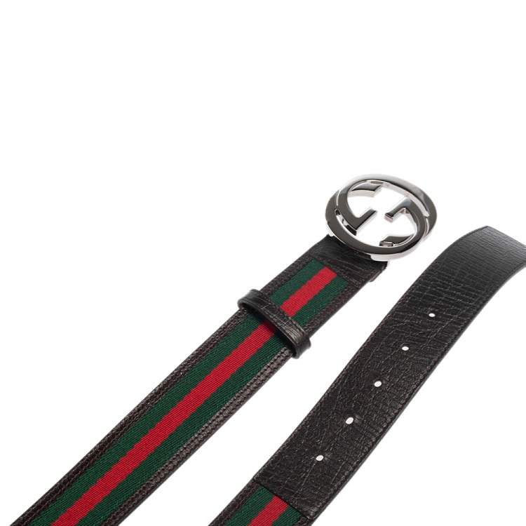 مملوكة مسبقًا Gucci Black Leather and Web Canvas Interlocking G Buckle Belt 95CM
