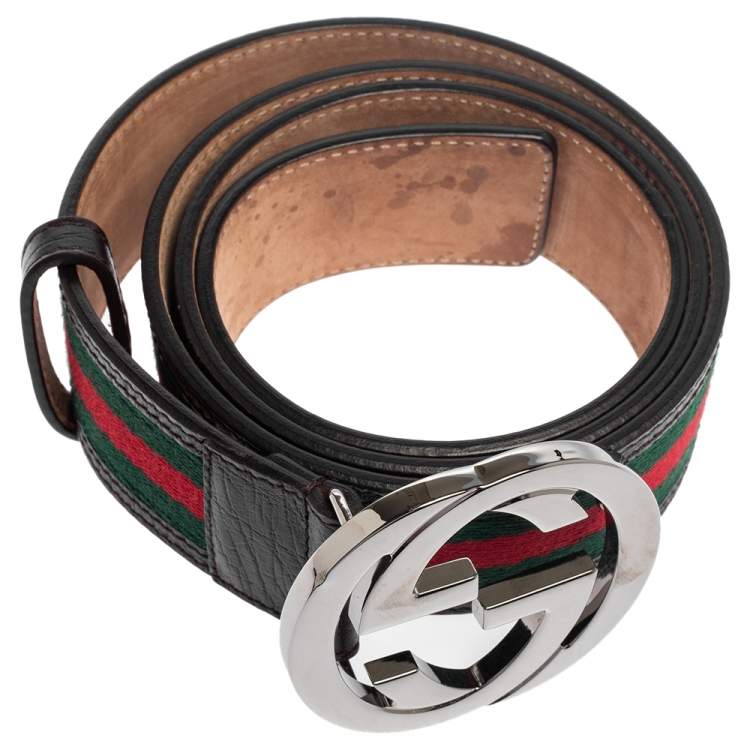مملوكة مسبقًا Gucci Black Leather and Web Canvas Interlocking G Buckle Belt 95CM