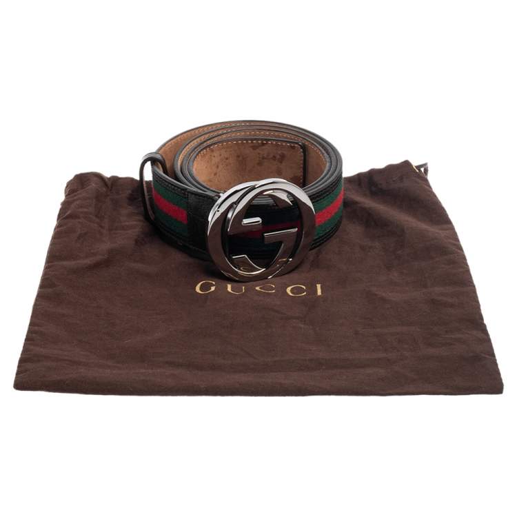 مملوكة مسبقًا Gucci Black Leather and Web Canvas Interlocking G Buckle Belt 95CM