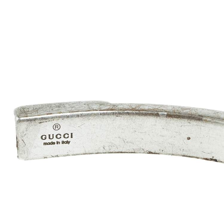 Pre Owned Gucci Silver Black Leather Inlay Cuff Bracelet