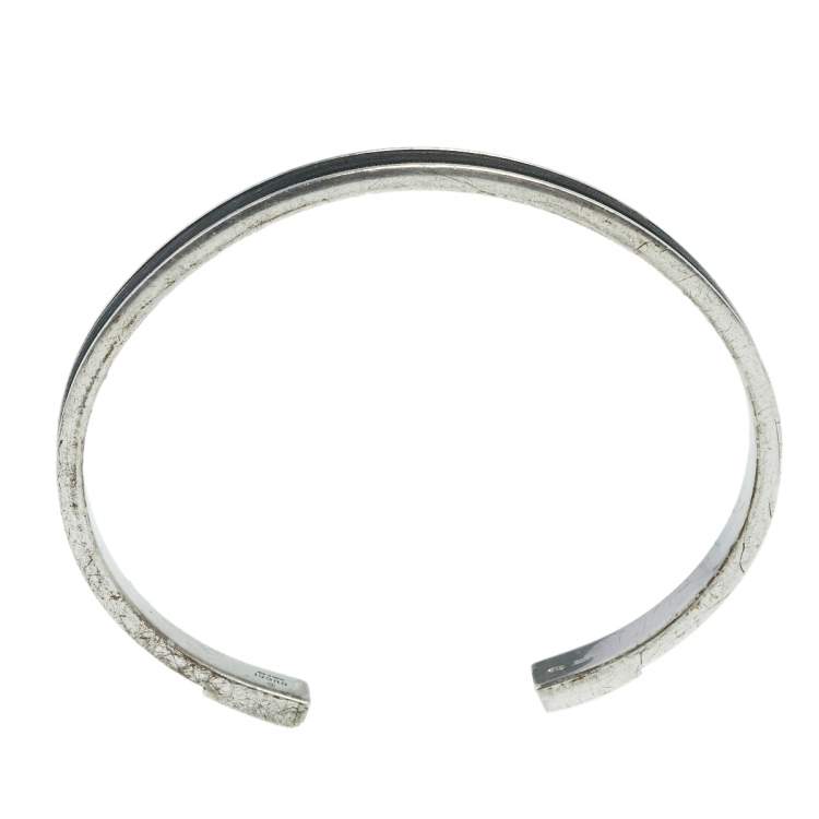 Pre Owned Gucci Silver Black Leather Inlay Cuff Bracelet