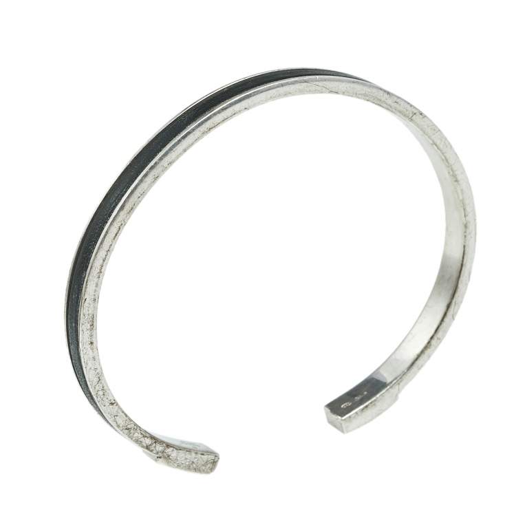 Pre Owned Gucci Silver Black Leather Inlay Cuff Bracelet