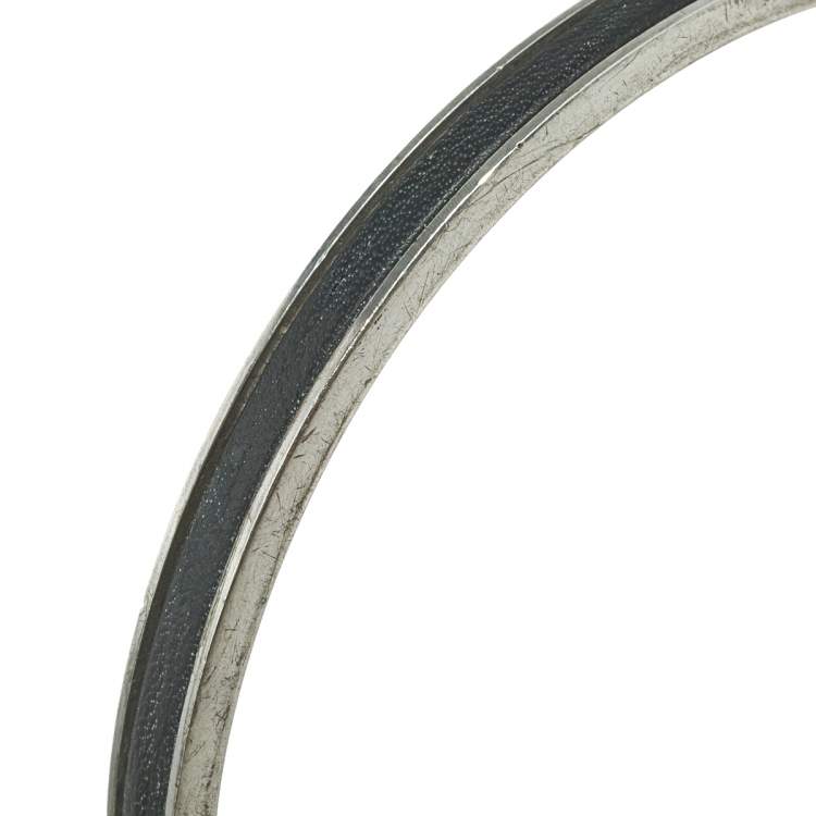 Pre Owned Gucci Silver Black Leather Inlay Cuff Bracelet