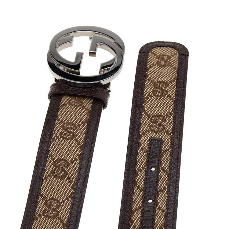 Pre Owned Gucci Brown/Beige GG Canvas And Leather Interlocking G Buckle Belt 95 CM