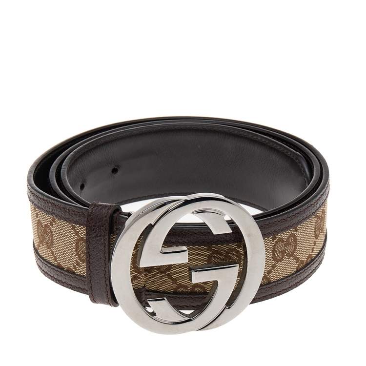 Pre Owned Gucci Brown/Beige GG Canvas And Leather Interlocking G Buckle Belt 95 CM