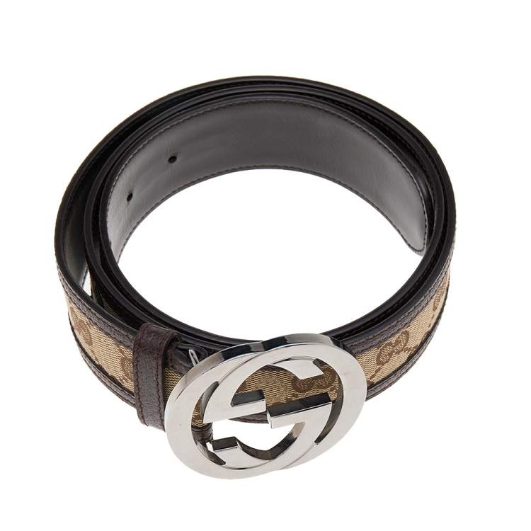 Pre Owned Gucci Brown/Beige GG Canvas And Leather Interlocking G Buckle Belt 95 CM