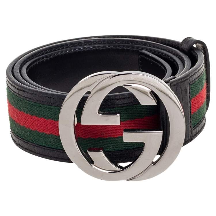Gucci Green/Red Web Fabric and Leather Interlocking GG Buckle Belt 90 CM  Gucci
