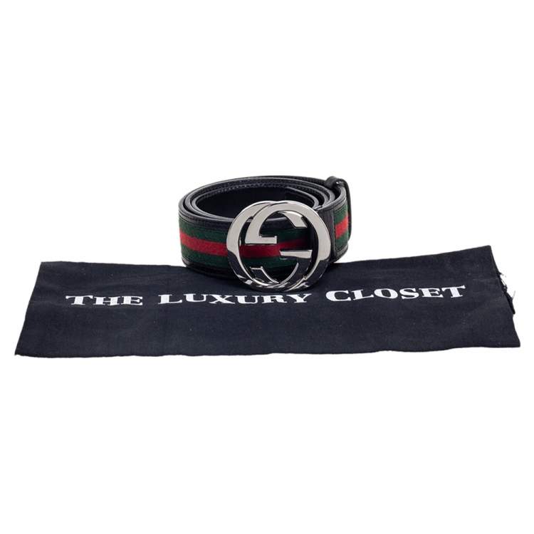 Pre Owned Gucci Green/Red Web Fabric and Leather Interlocking GG Buckle Belt 90 CM