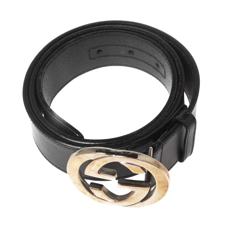 Pre Owned Gucci Black Leather Interlocking G Belt 85CM