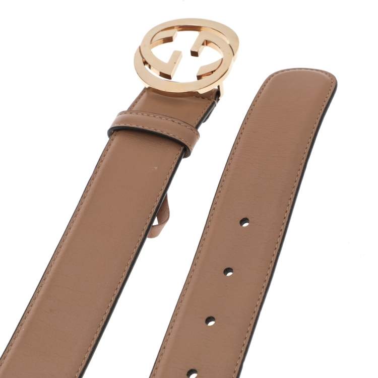 Pre Owned Gucci Beige Leather Interlocking G Buckle Belt 100CM