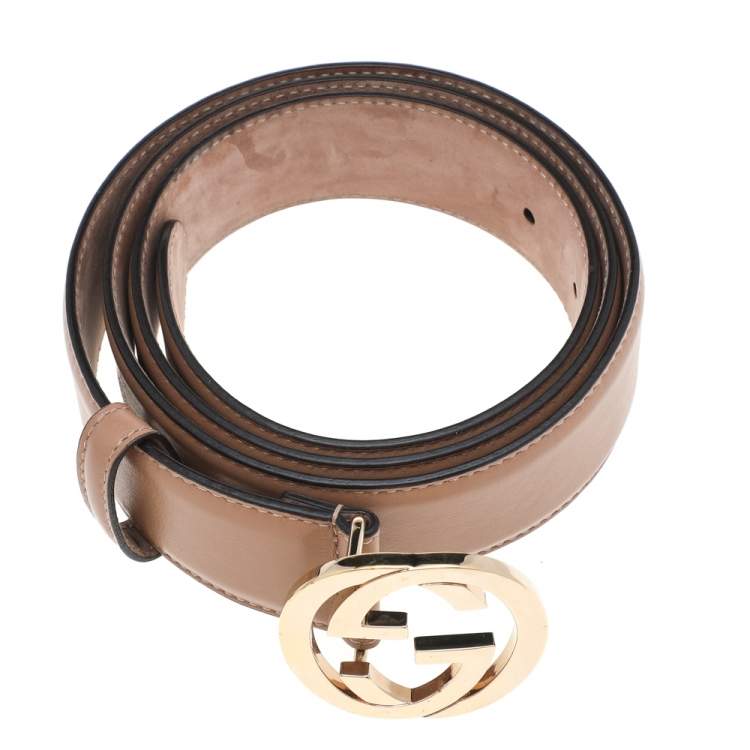 Pre Owned Gucci Beige Leather Interlocking G Buckle Belt 100CM