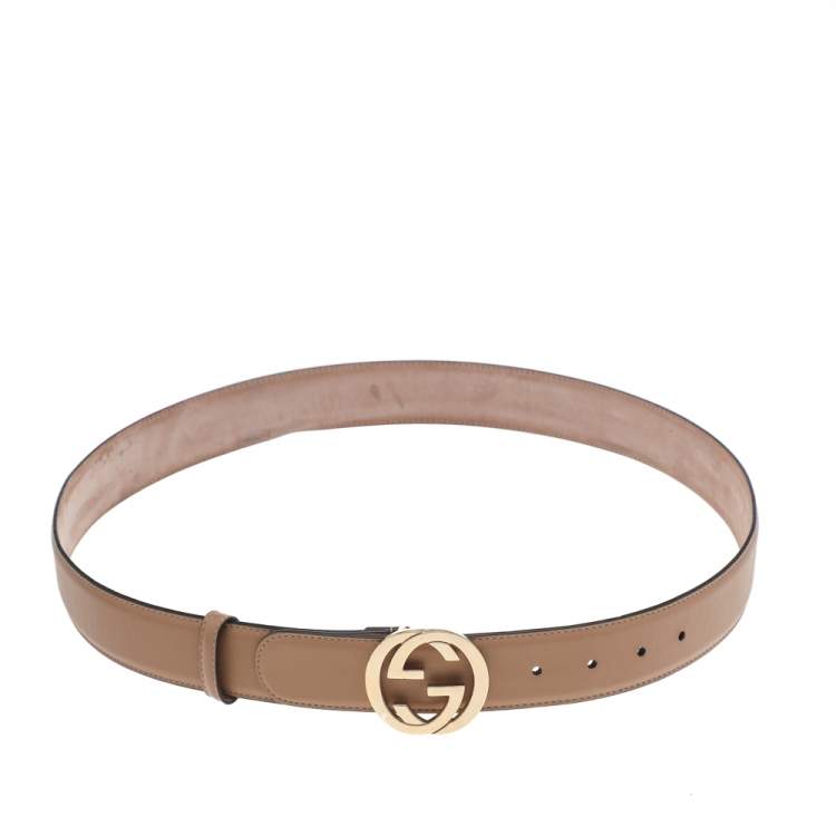Pre Owned Gucci Beige Leather Interlocking G Buckle Belt 100CM