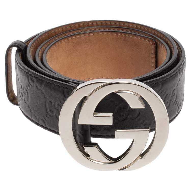 Pre Owned Gucci Black Guccissima Leather Interlocking G Buckle Belt 100 CM