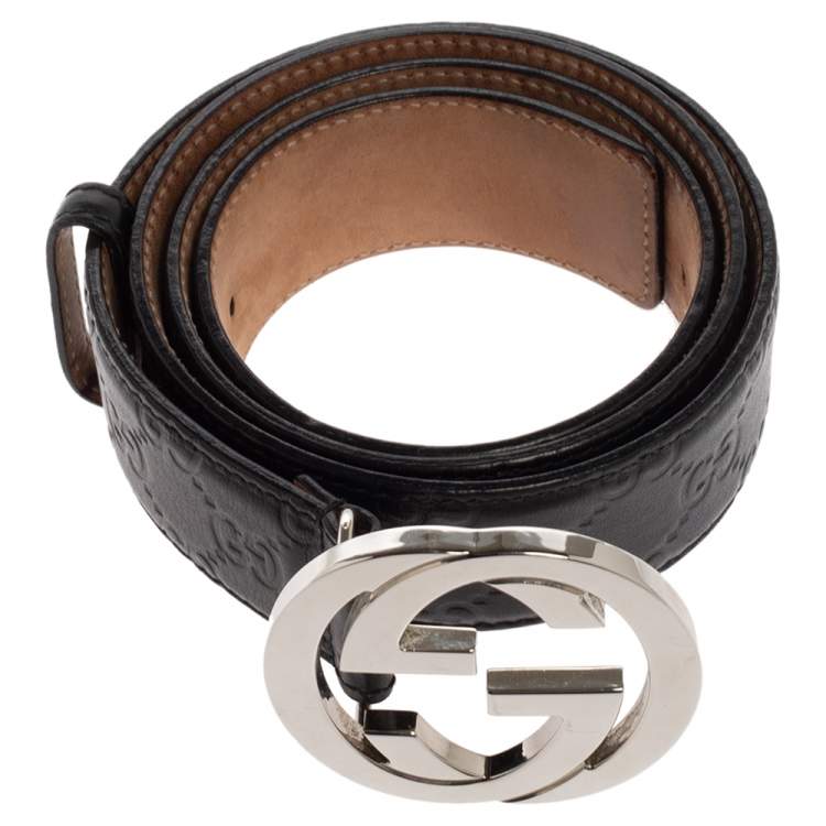 Pre Owned Gucci Black Guccissima Leather Interlocking G Buckle Belt 100 CM